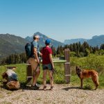 Un couple profite d'une randonnée avec son chien dans un magnifique paysage de montagne par une journée ensoleillée.