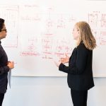 Deux professionnels réfléchissant à des idées de marketing numérique sur un tableau blanc.